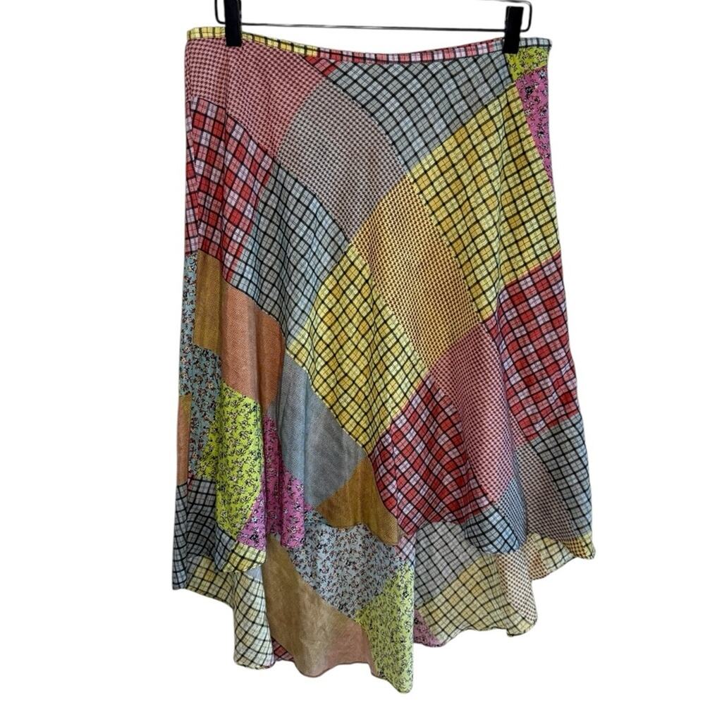 Sundance Women’s Colorful Patchwork Silk Blend Midi Skirt Jubilee Boho Hi Lo